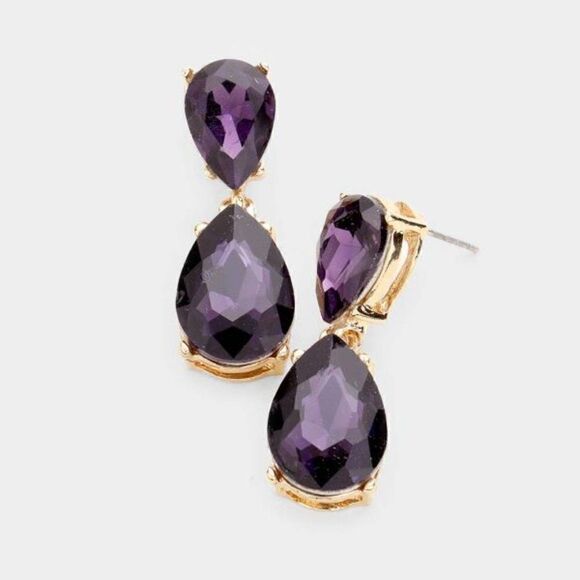 Purple Crystal Double Teardrop Gold Earrings - Picture 3 of 5
